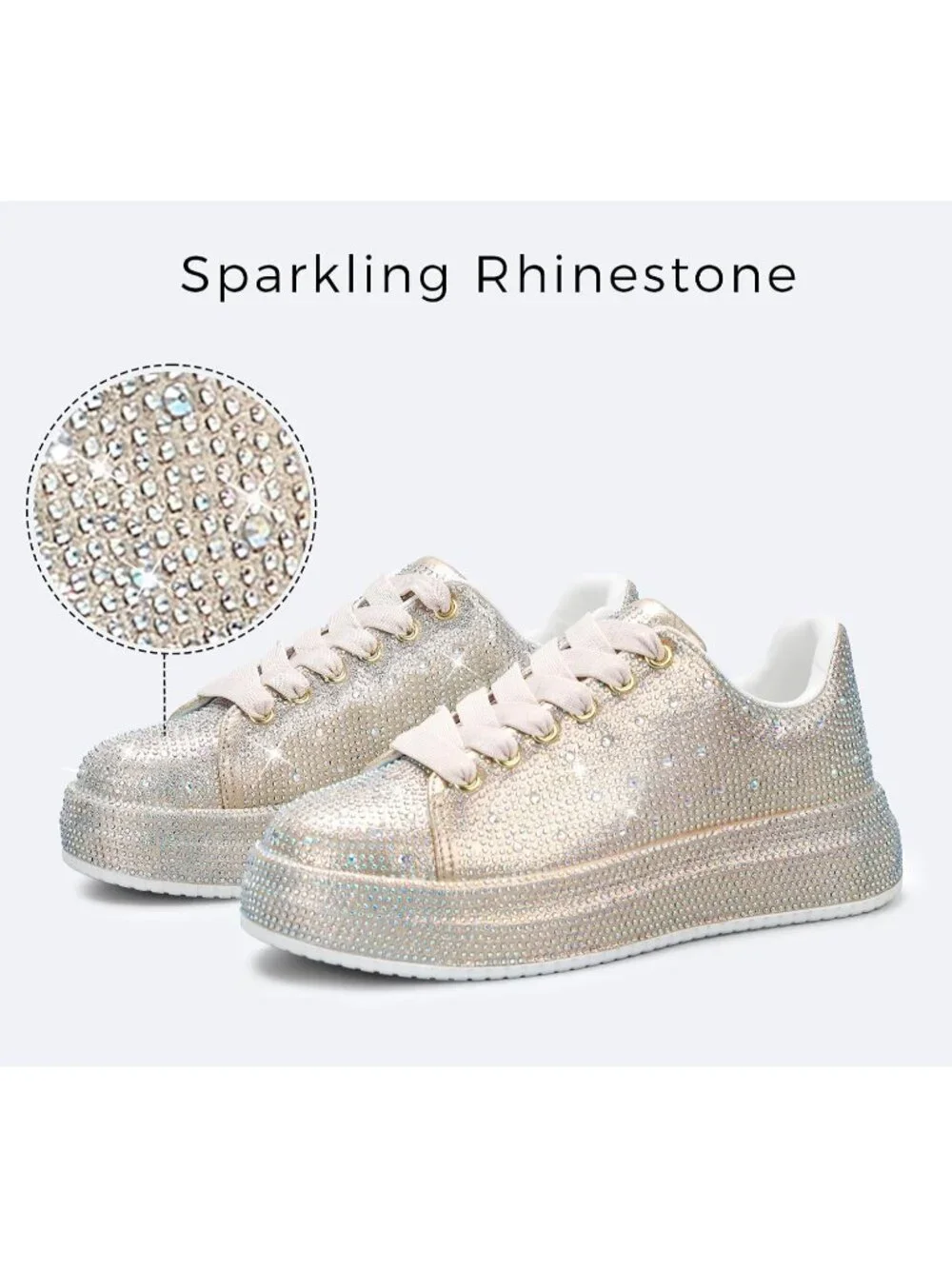 🆕Women's Gold Sparkly Glitter Bling Tennis Rhinestone Platform Sneakers
